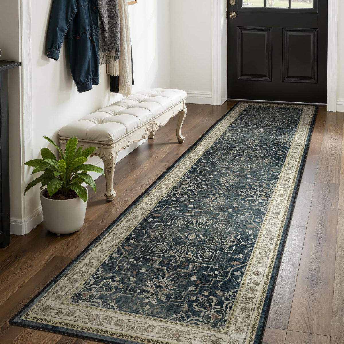 Vintage Dark Green Area Rugs 5x7 for Living Room, Tranditional Distressed Medallion Printed Low Pile Thin Rugs for Bedroom, Non Slip Washable Carpet Rugs for Dining Room/Kitchen/Home Office