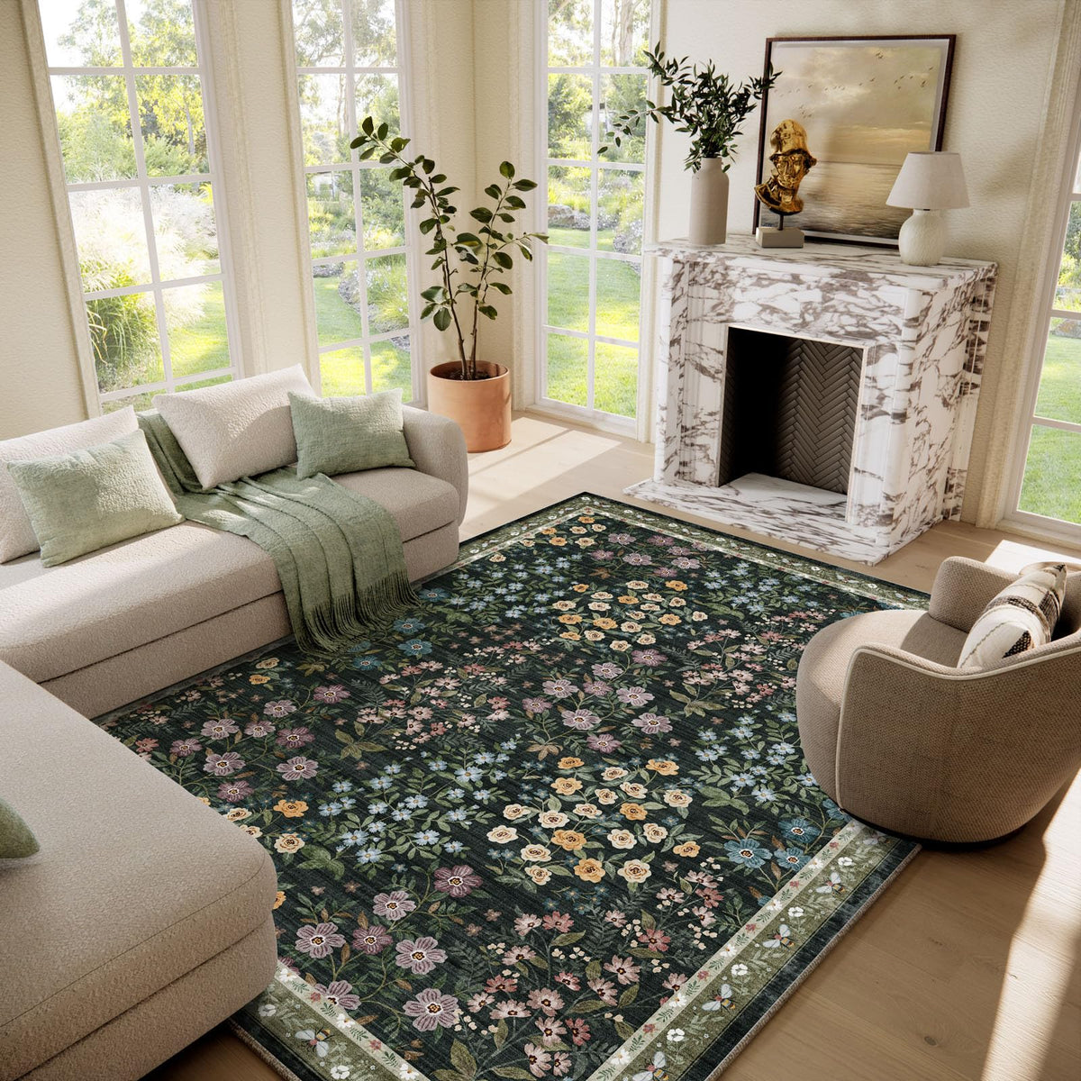 Washable Area Rugs for Living Room: 9x12 Area Rug for Bedroom Vintage Stain Resistant Non Slip Low Pile Lightweight Soft Carpet for Kitchen Dining Room Farmhouse Kids Room Nursery