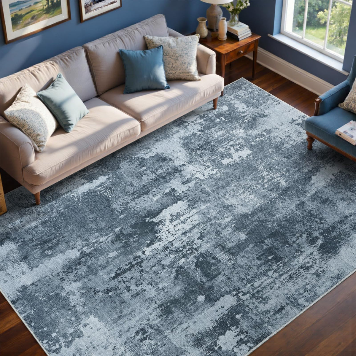 6x9 Ft Large Area Rugs for Living Room, Soft Non-Slip Washable Rugs Modern Abstract Pattern Carpet for Bedroom Indoor Floor Nursery Home Decor (Blue)