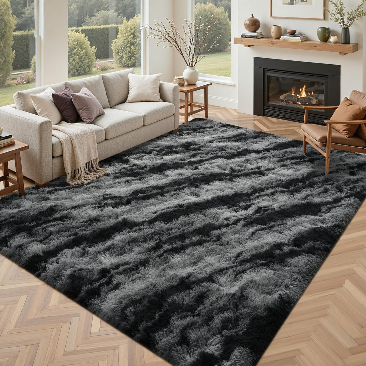 5x7 Black Area Rugs for Living Room, Large Fluffy Shag Bedroom Rugs Non-Slip, Ultra Soft Plush Carpet for Nursery Kids PlayRoom Dorm Office Indoor Modern Carpets