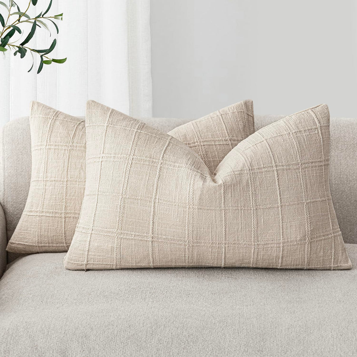 Foindtower Boho Linen Check Decorative Throw Pillow Cover 20×20 Olive Green