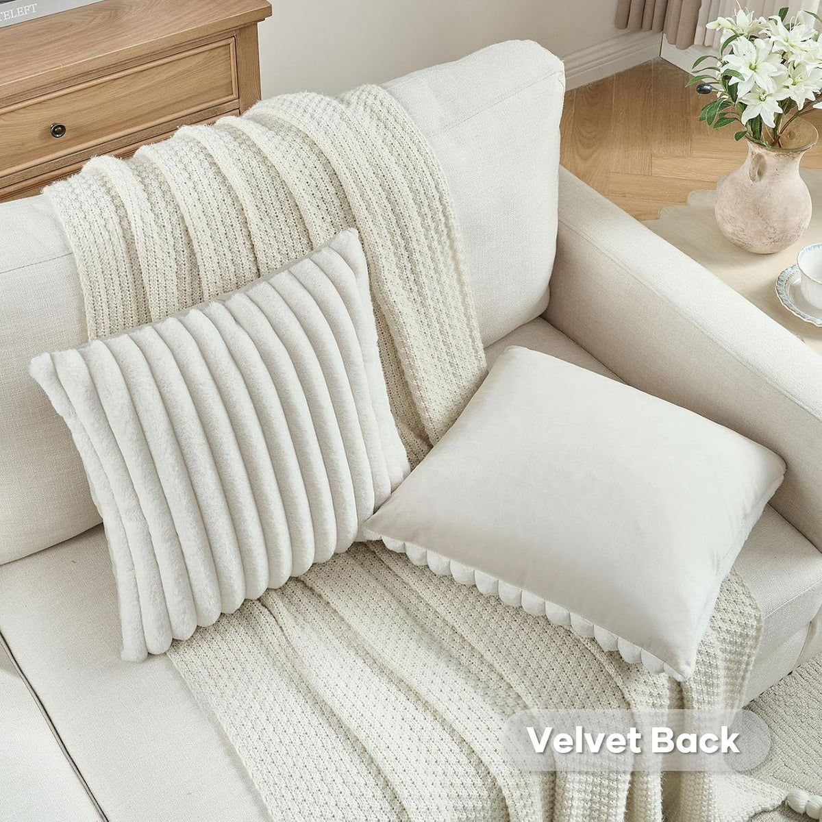 FUTEI Pack of 2 Faux Fur Throw Pillow Covers 18x18 Inch, Cream White