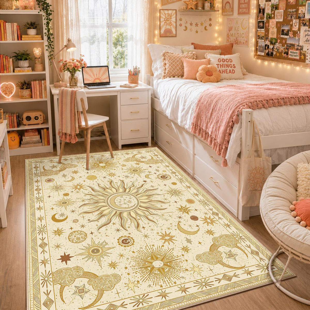 Vacuum-Friendly, 5x7 Washable Area Rug, Black Gold Beige Red
