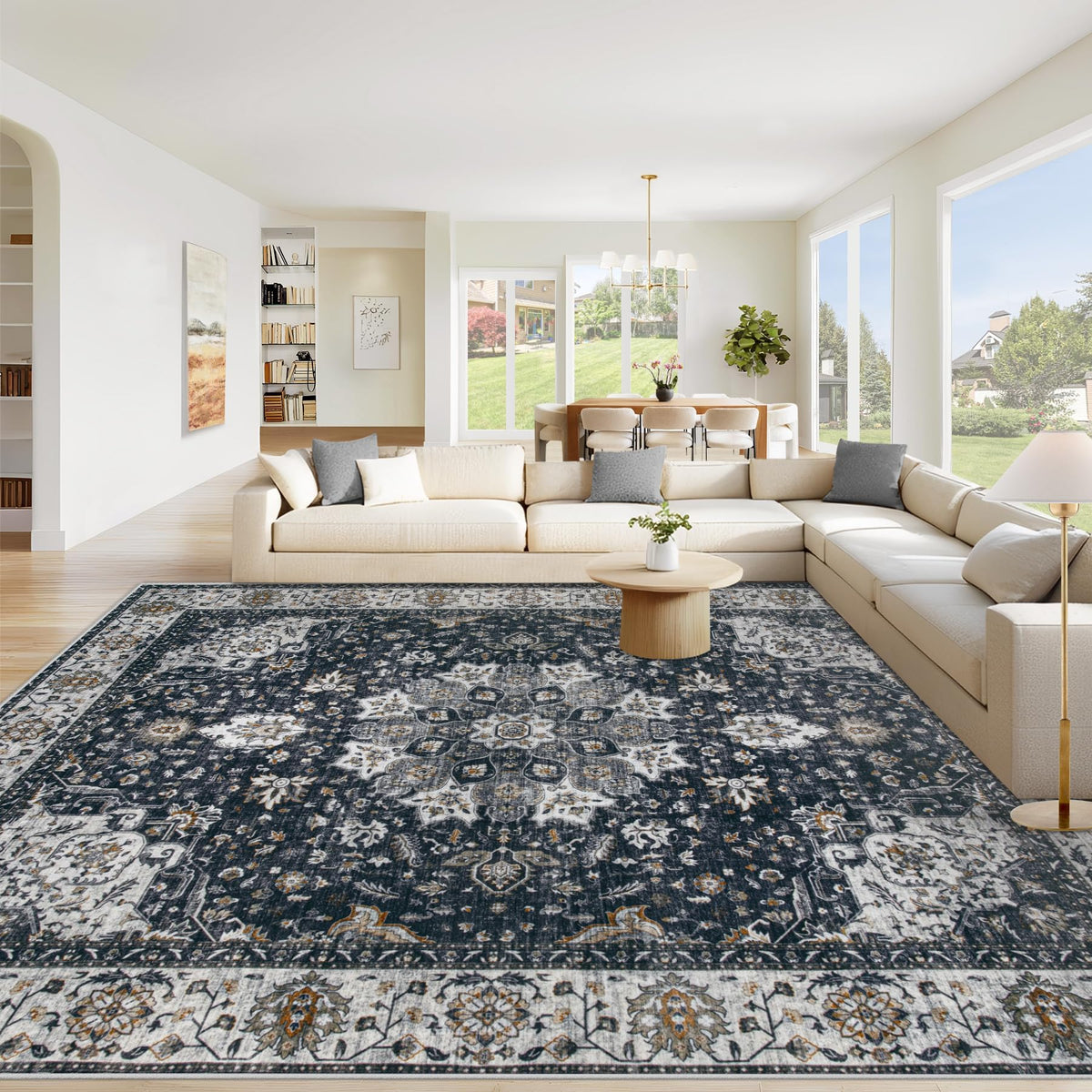 Area Rug 8x10 Washable Rug, Vintage Boho Medallion Rugs Non-Slip Soft Low Pile Large Distressed Rug Indoor Retro Carpet for Living Room Bedroom Dining Room Office Children's Room(Beige, 8'x10')