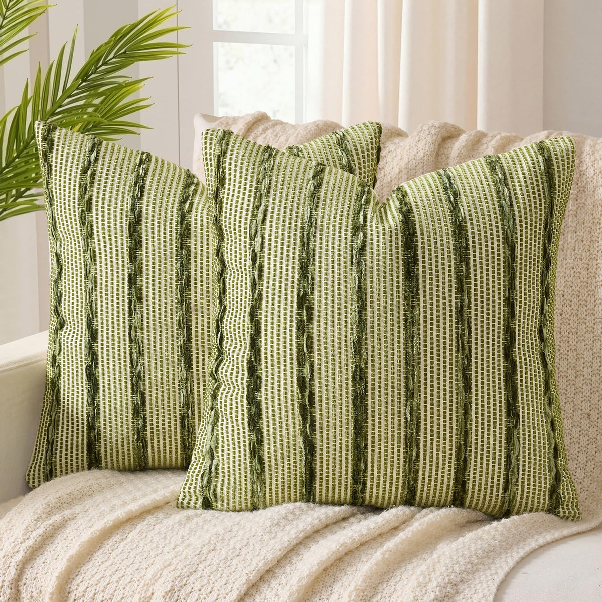 ANRODUO Boho Decorative Pillow Covers Olive Green Stripe 18x18 Pack of 2