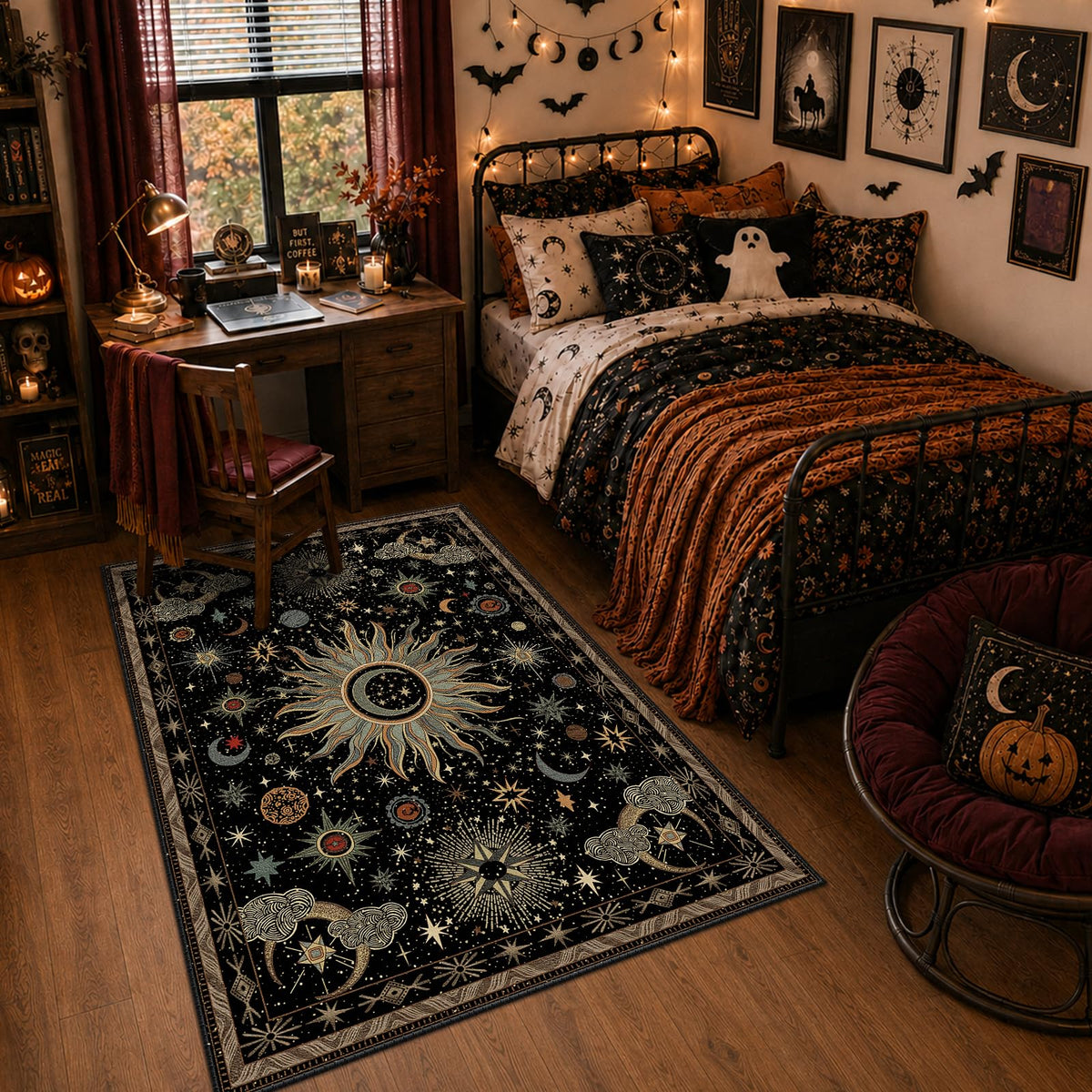 Vacuum-Friendly, 5x7 Washable Area Rug, Black Gold Beige Red