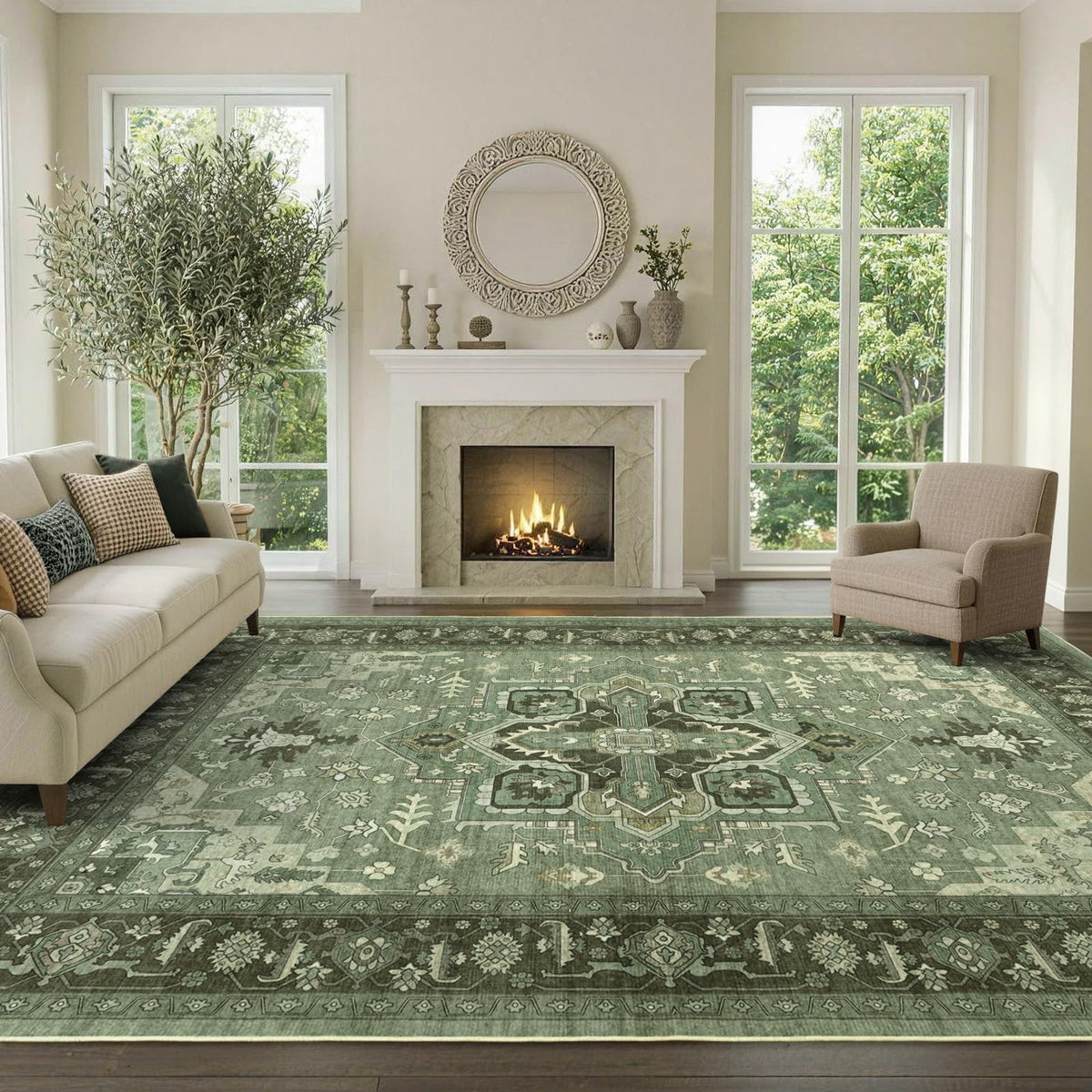 6x9 Ft Large Area Rugs for Living Room, Soft Non-Slip Machine Washable Rug, Vintage Stain Resistant Carpets for Bedroom Nursery Dining Room Home Decor (Beige)