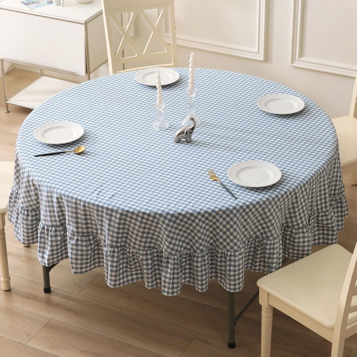 Blush White Gingham Ruffled Table Cloth Rectangular 120“x60”