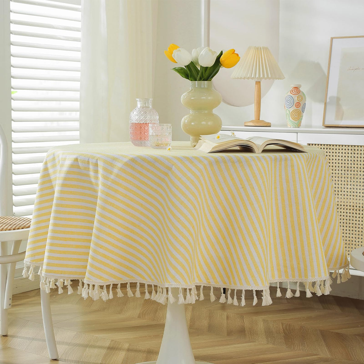 meioro Table Cloth Blue White Striped Tablecloth with Tassels Cotton Linen Dust-Proof Table Cover for Dining Buffet Kitchen Picnic Tables, Parties Holiday Indoor Outdoor Tablecloths (39x55 Inch)