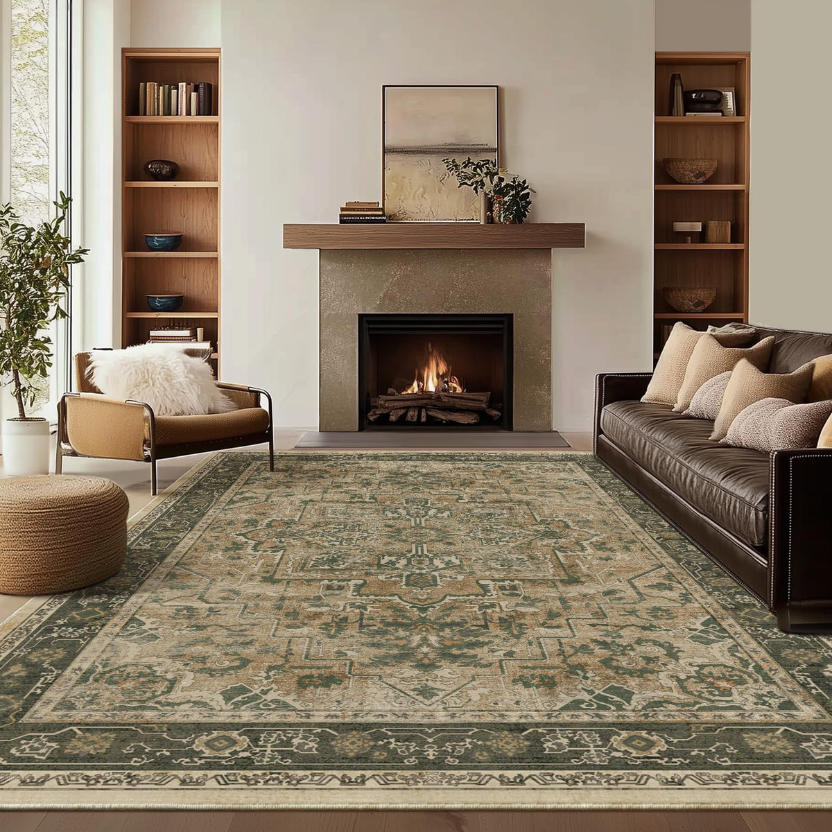 Vintage Dark Green Area Rugs 5x7 for Living Room, Tranditional Distressed Medallion Printed Low Pile Thin Rugs for Bedroom, Non Slip Washable Carpet Rugs for Dining Room/Kitchen/Home Office