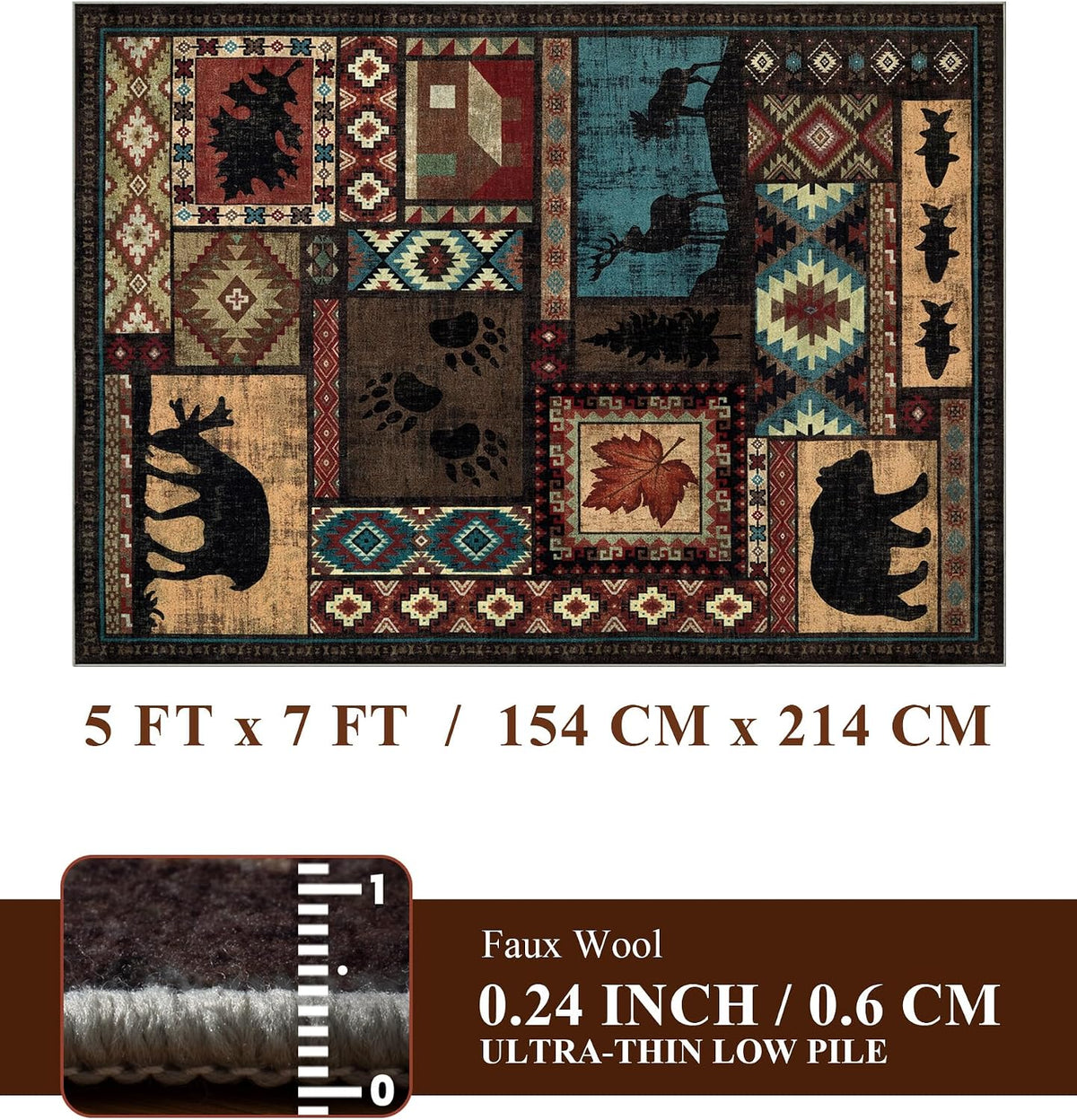 YIHOUSE Washable Rustic Cabin Area Rugs 5x7 Brown