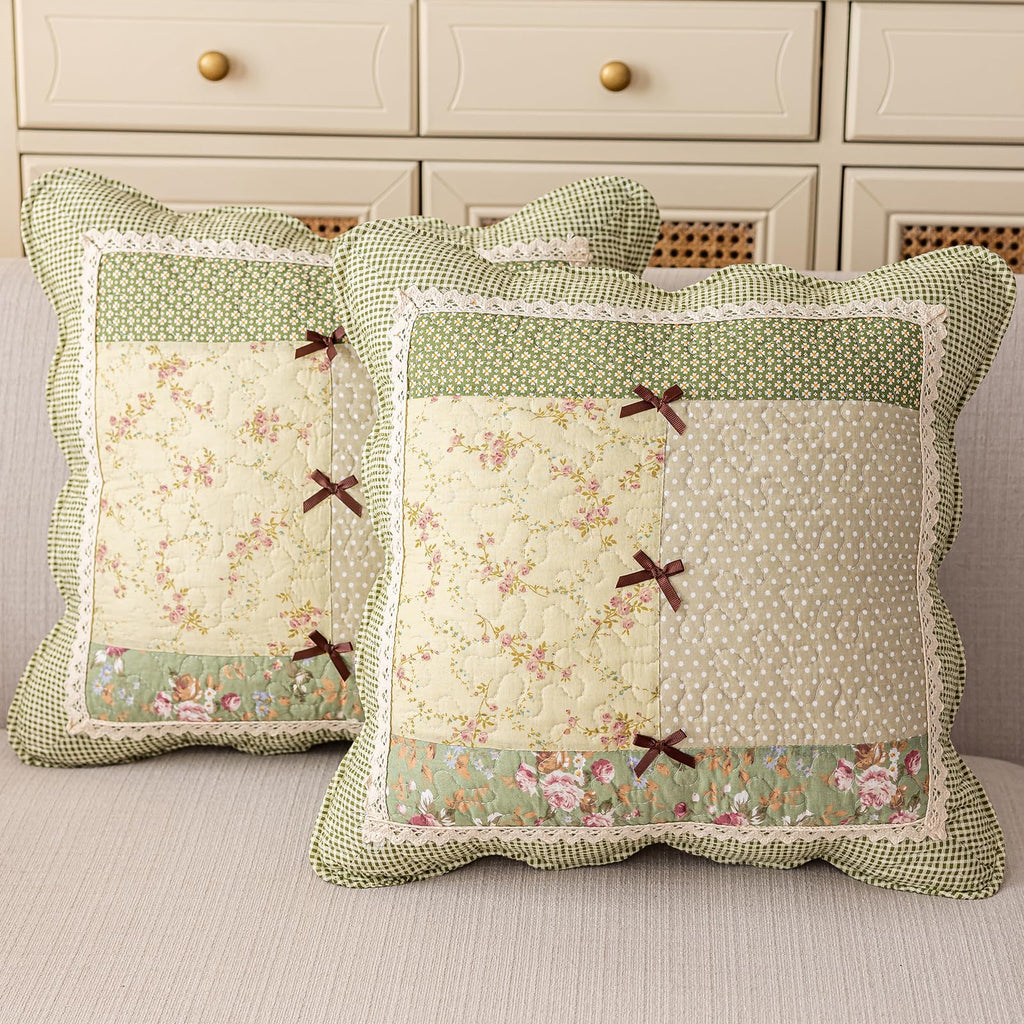vctops Set of 2 Quilted 100% Cotton Boho Throw Pillow Covers 18" x 18" Farmhouse Country Floral Patchwork Decorative Cushion Cover, Patchwork Flower M