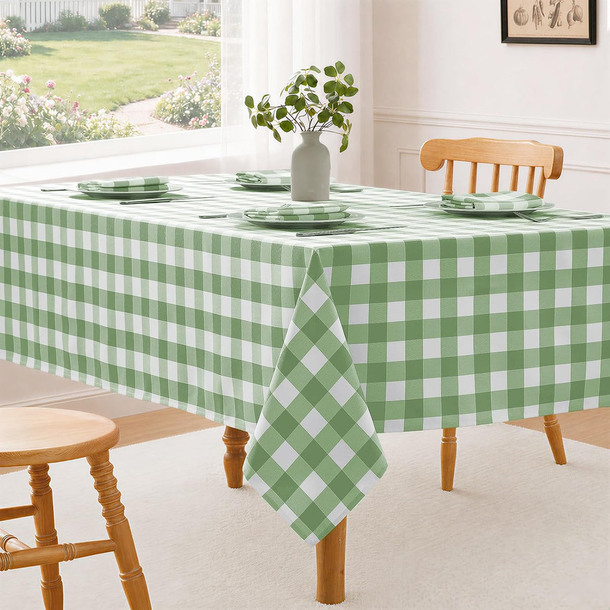 Veblandy Checkered Tablecloth Rectangle Waterproof Gingham Table Cloth Washable Buffalo Plaid Table Cover Wrinkle Free for Kitchen, Dining and Outdoor Picnic, 60 x 120 Inch, Sage Green and White