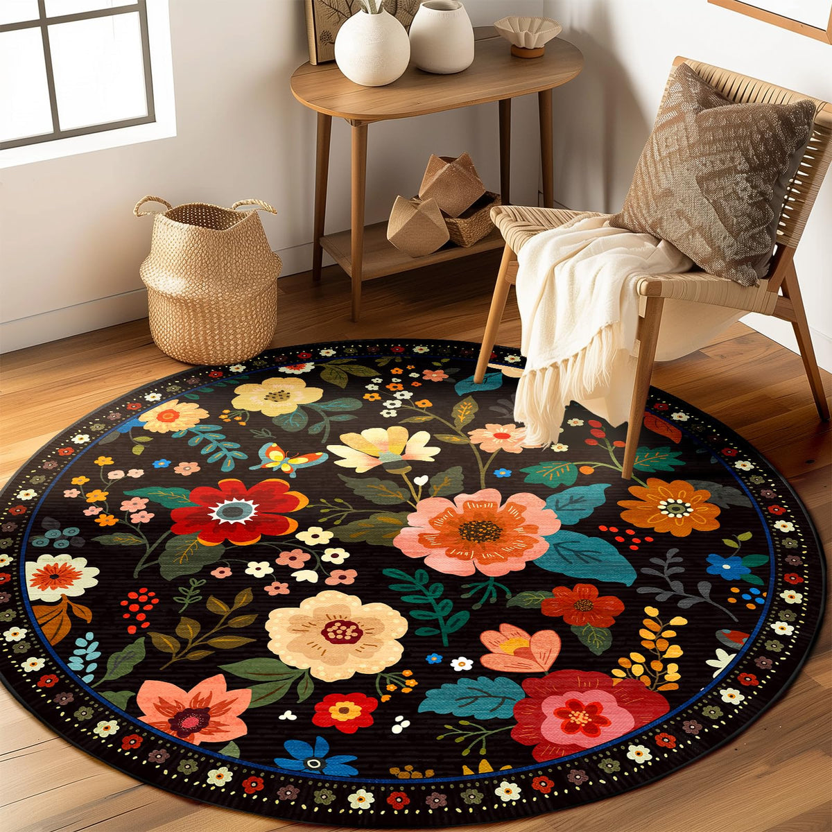 RELEANY Floral Washable 5x7 Area Rugs Black