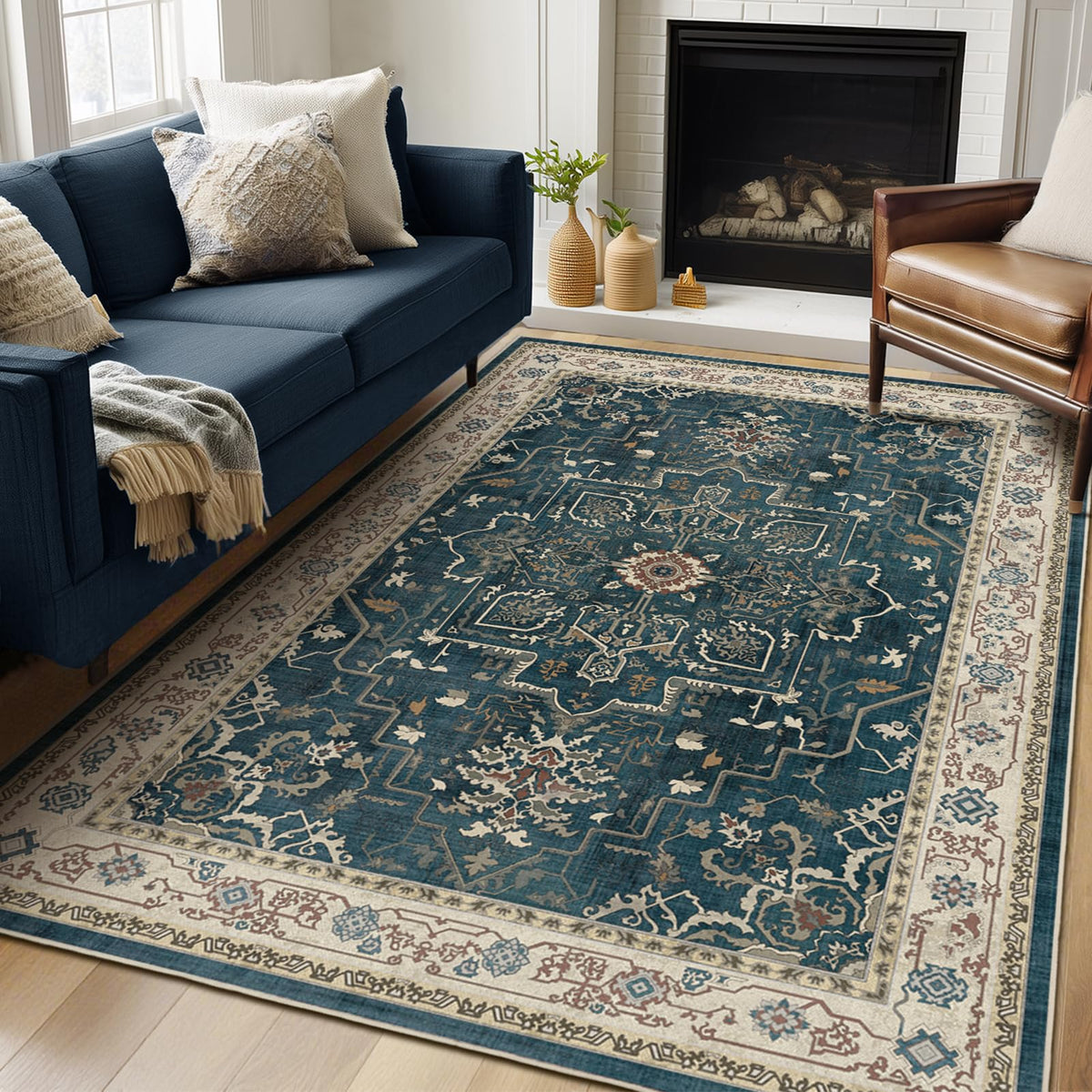 Vintage Dark Green Area Rugs 5x7 for Living Room, Tranditional Distressed Medallion Printed Low Pile Thin Rugs for Bedroom, Non Slip Washable Carpet Rugs for Dining Room/Kitchen/Home Office