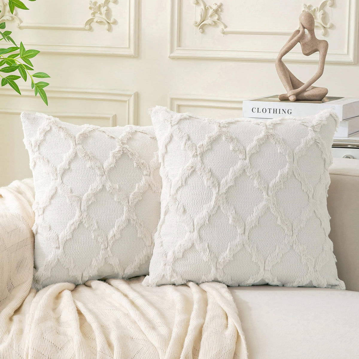 Set of 2 Soft Moroccan Throw Pillow Covers 18x18 Inch Plush Boho Decorative Pillow Cover Accent Cushion Case for Couch Sofa Bed, Beige