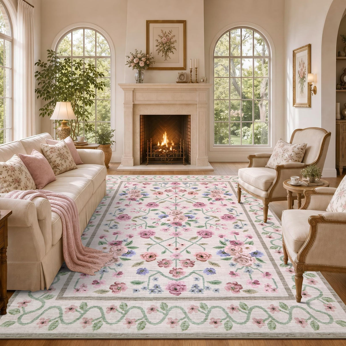 Garvee Beige Floral 5x7 Area Rug for Bedroom Living Room