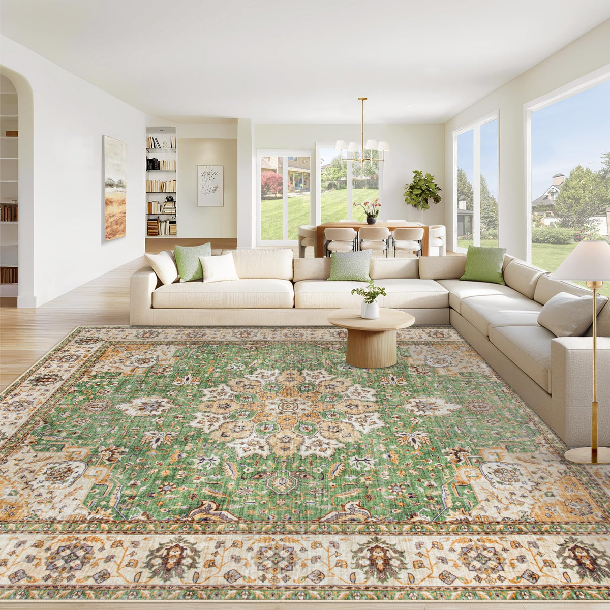 Area Rug 8x10 Washable Rug, Vintage Boho Medallion Rugs Non-Slip Soft Low Pile Large Distressed Rug Indoor Retro Carpet for Living Room Bedroom Dining Room Office Children's Room(Beige, 8'x10')