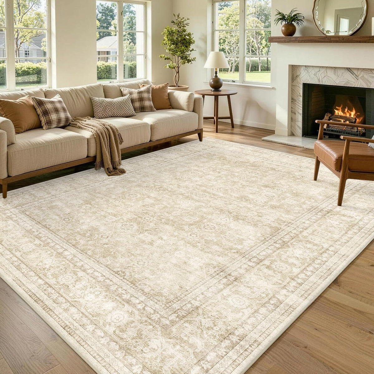 6x9 Ft Large Area Rugs for Living Room, Soft Non-Slip Machine Washable Rug, Vintage Stain Resistant Carpets for Bedroom Nursery Dining Room Home Decor (Beige)