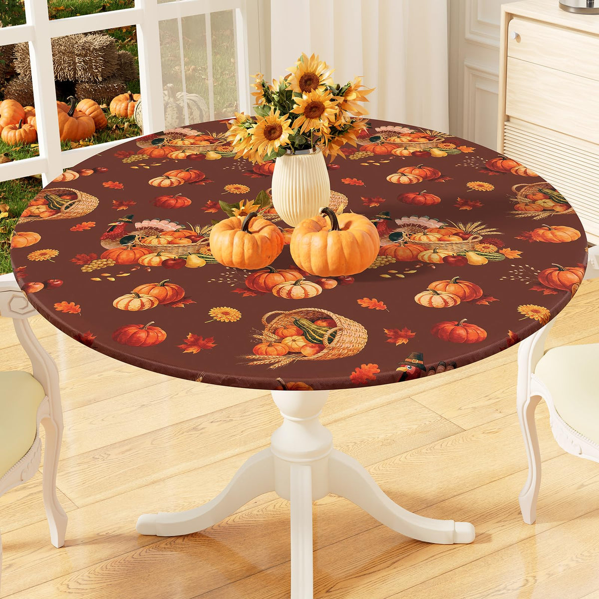 misaya Round Fitted Tablecloth with Elastic Edge, 100% Waterproof Oil Proof Plastic Table Cover, Vinyl Flannel Backed Tablecloth Fits 36"-44" Round Tables for Dinner, Outdoor, Picnic, Flowers