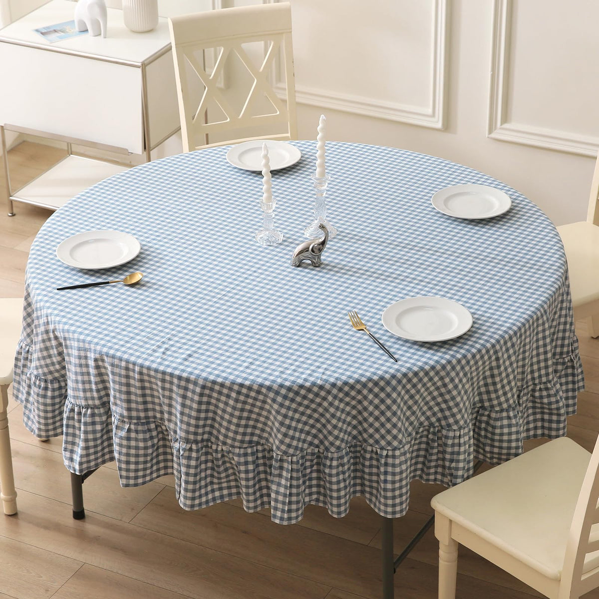 Blush White Gingham Ruffled Table Cloth Rectangular 120“x60”