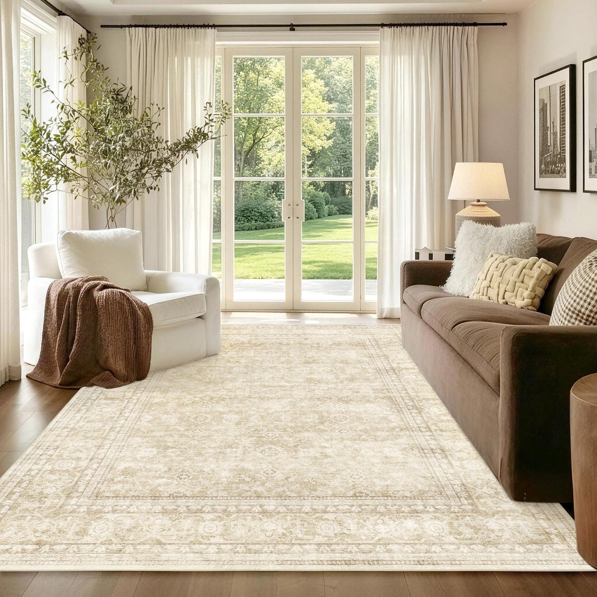 6x9 Ft Large Area Rugs for Living Room, Soft Non-Slip Machine Washable Rug, Vintage Stain Resistant Carpets for Bedroom Nursery Dining Room Home Decor (Beige)