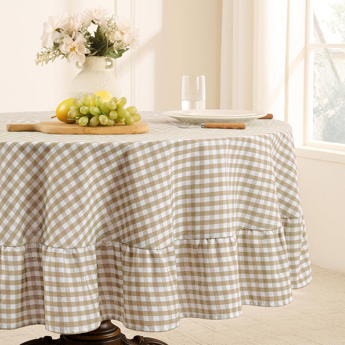 Romanstile Gingham Ruffled Tablecloth Rectangle, 60 x 84 Inch, Sage Green