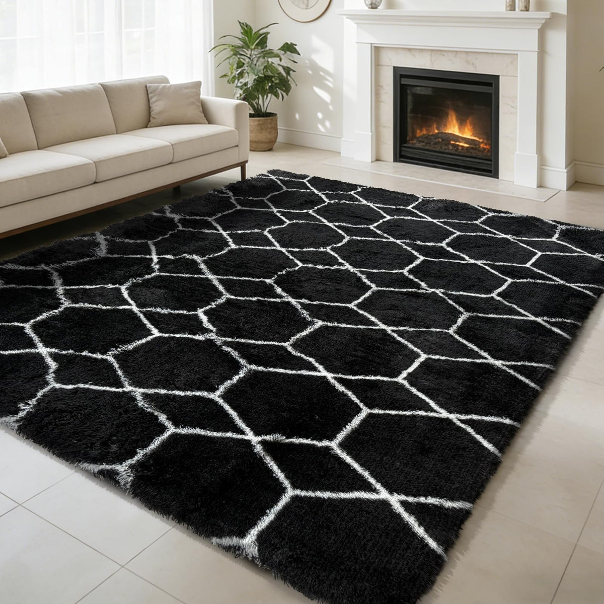 6x9 Black Fluffy Area Rug for Living Room,Large Shag Area Rugs for Bedroom