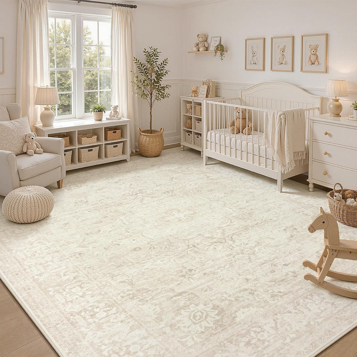8x10 Area Rugs for Living Room: Washable Boho Vintage Floral Rug Large Soft Non-Slip Rugs Stain Resistant Low Pile Indoor Carpet for Bedroom Dining Room Nursery Home Office Beige