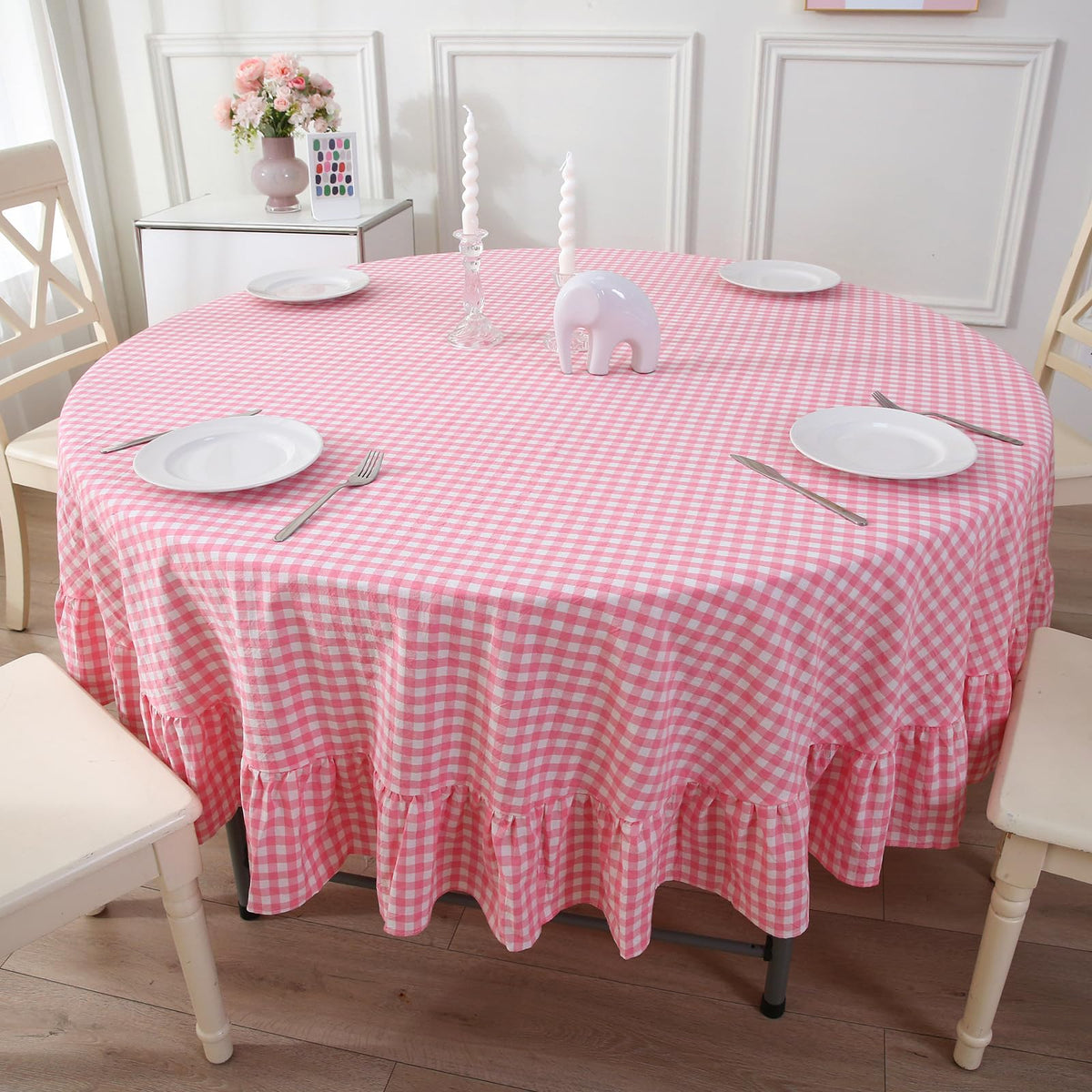 Blush White Gingham Ruffled Table Cloth Rectangular 120“x60”