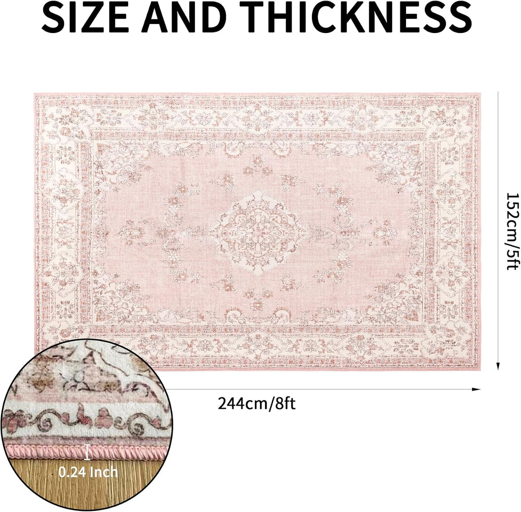 Soft Pink Rug for Girls Room: 5x8 Vintage Washable Carpet Bedroom Nursery