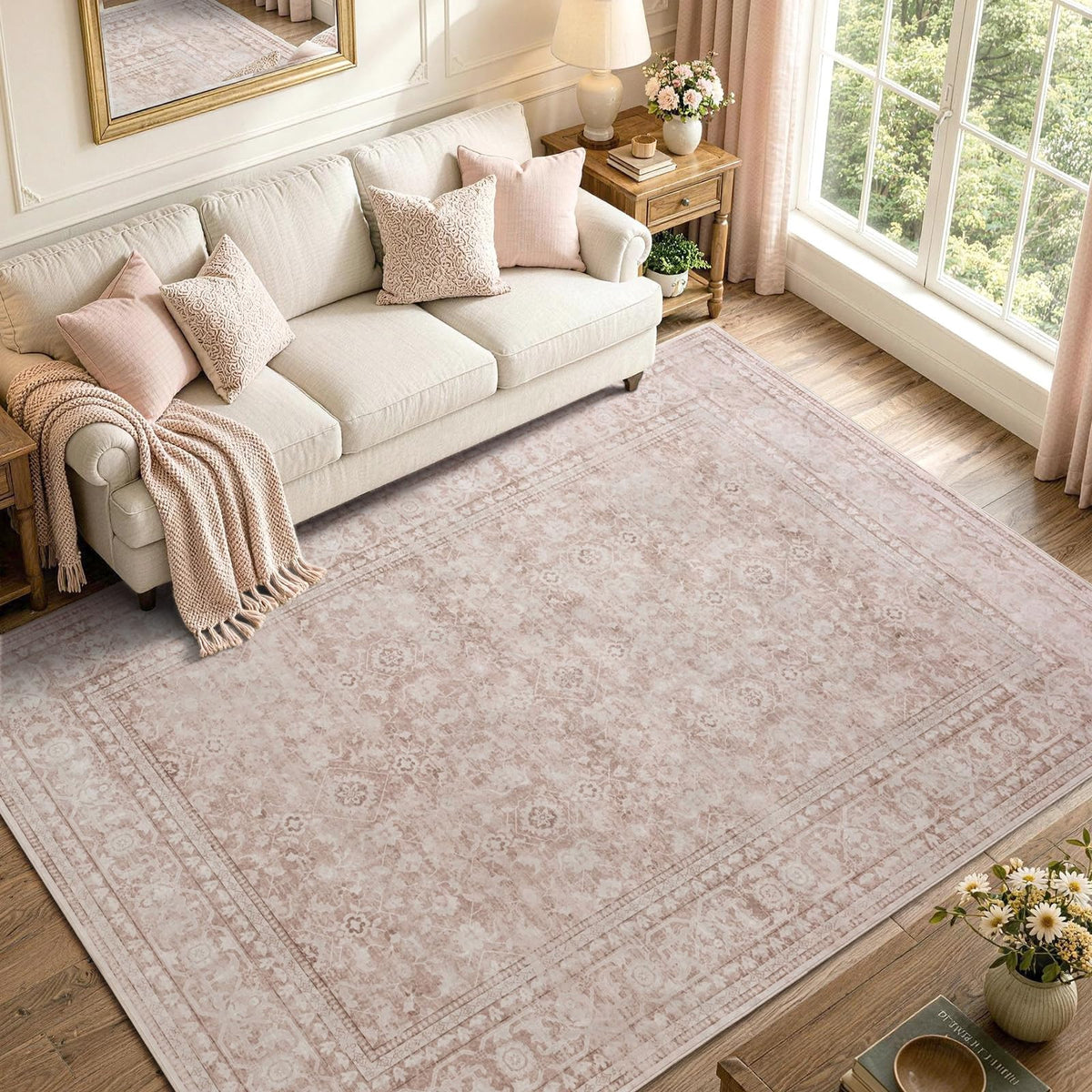 6x9 Ft Large Area Rugs for Living Room, Soft Non-Slip Machine Washable Rug, Vintage Stain Resistant Carpets for Bedroom Nursery Dining Room Home Decor (Beige)