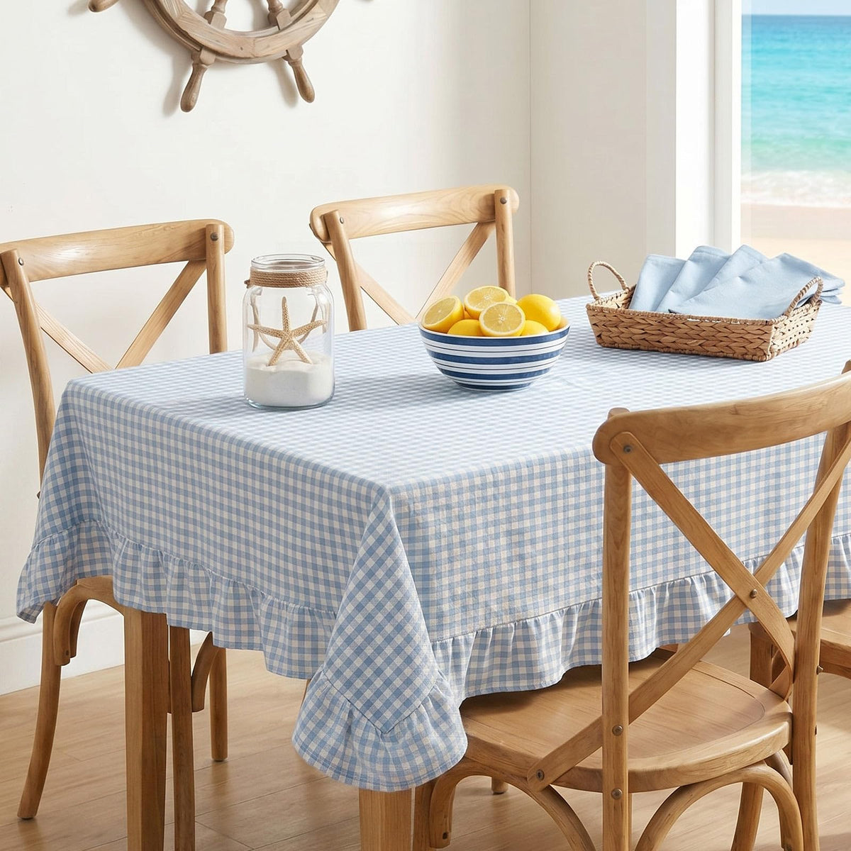 Mindsoft Brown Ruffled Gingham Tablecloth, 52 x 70 Inches, Rectangle