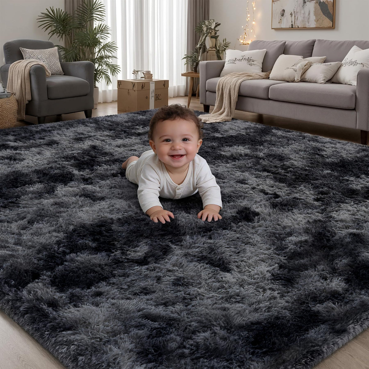 PLHXFR 8x10 Area Rugs Living Room: Fluffy Bedroom Soft Shag Rug Black Grey