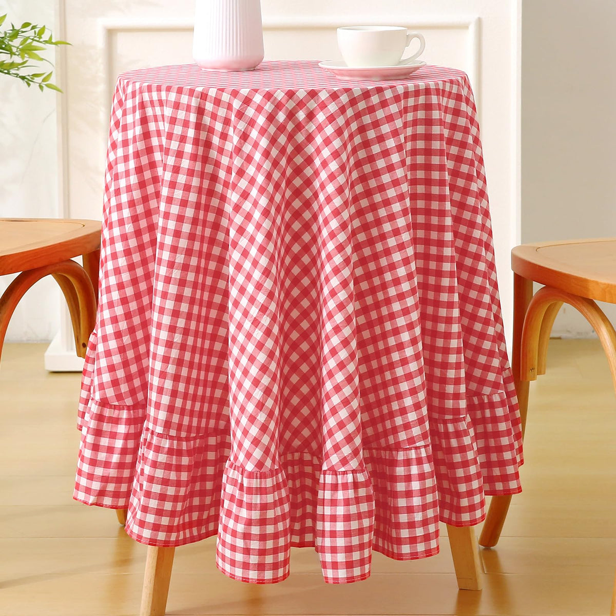Blush White Gingham Ruffled Table Cloth Rectangular 120“x60”