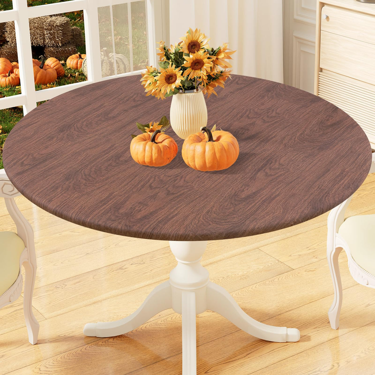 misaya Round Fitted Tablecloth with Elastic Edge, 100% Waterproof Oil Proof Plastic Table Cover, Vinyl Flannel Backed Tablecloth Fits 36"-44" Round Tables for Dinner, Outdoor, Picnic, Flowers