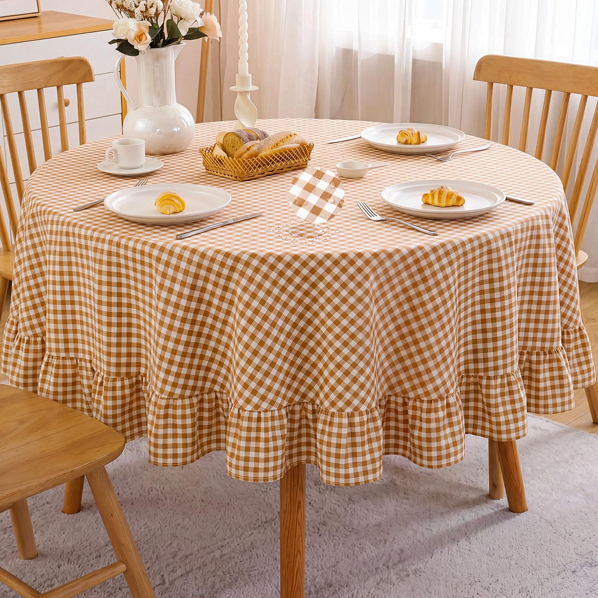 Mindsoft Brown Ruffled Gingham Tablecloth, 52 x 70 Inches, Rectangle