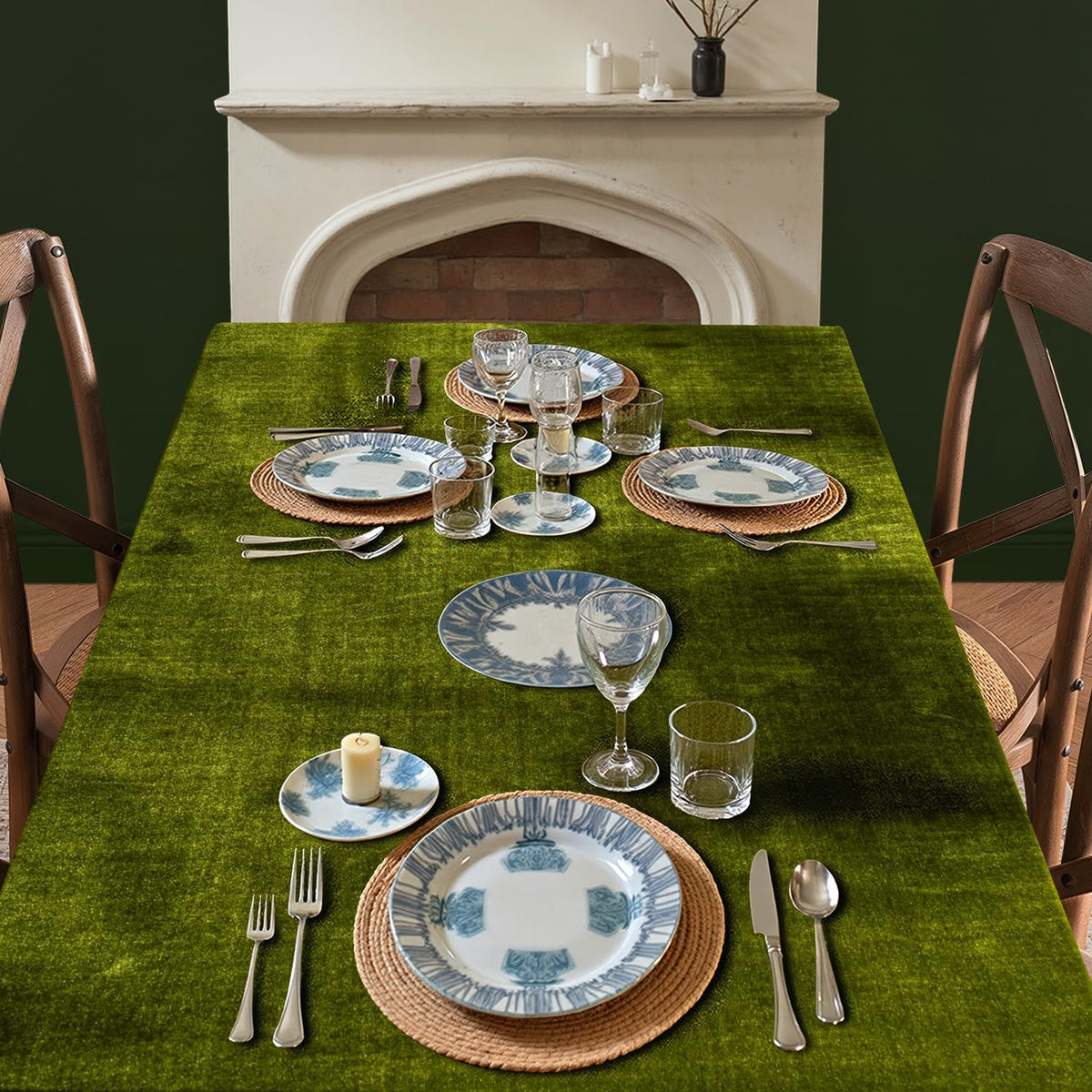 MIULEE Velvet Tablecloth with Decorative Ruffle 60x120 Inch Olive Green
