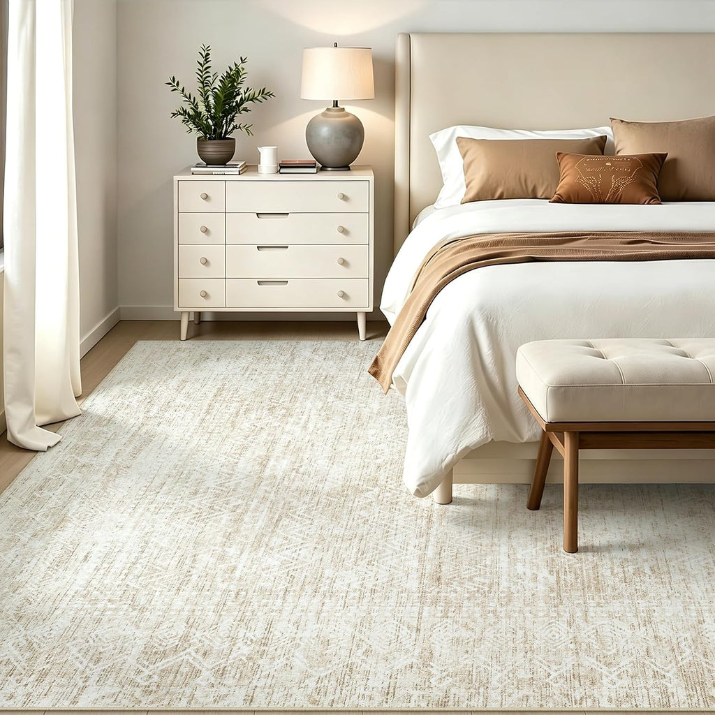 6x9 Area Rugs, Beige Washable Geometric Boho Rug for Living Room, Bedroom