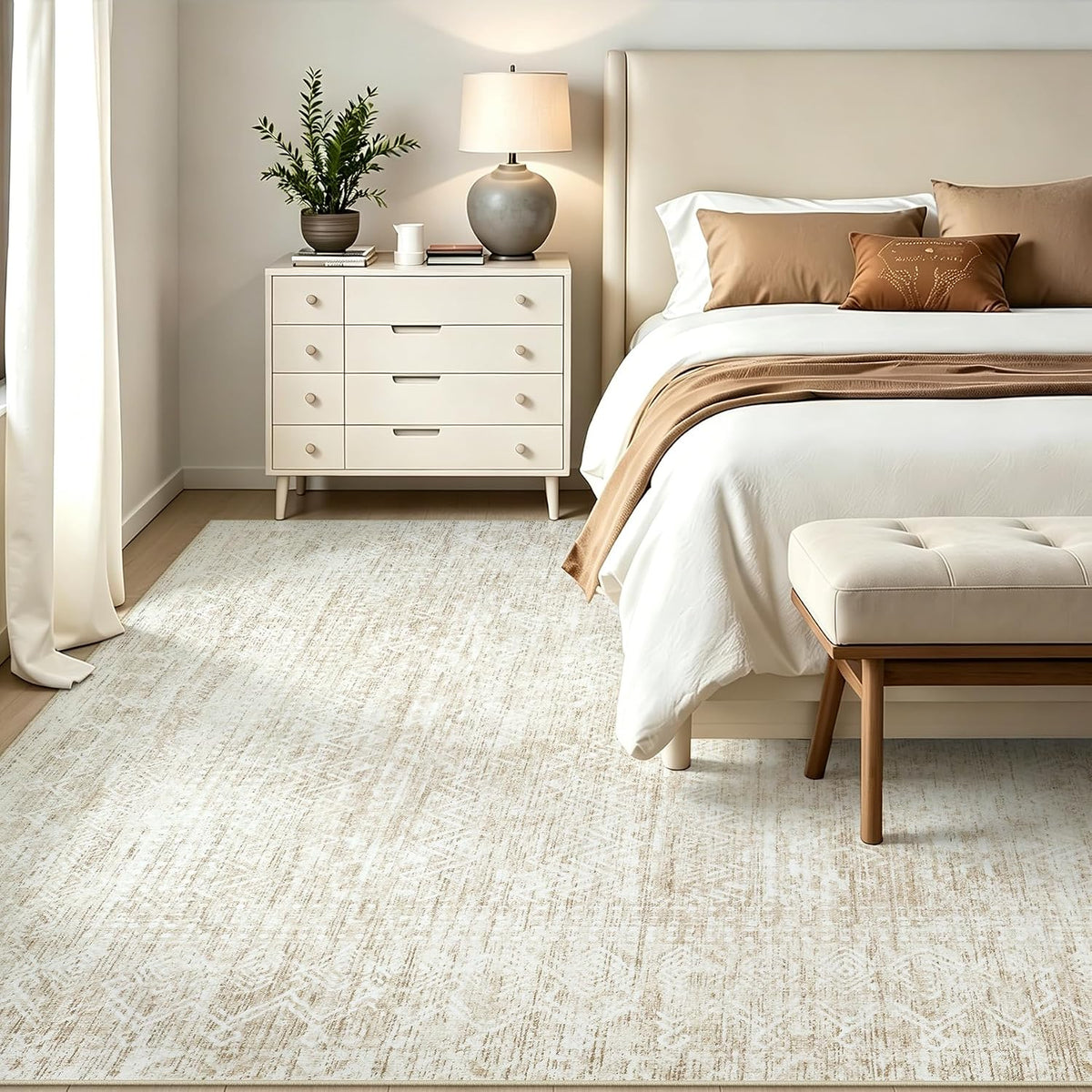 6x9 Area Rugs, Beige Washable Geometric Boho Rug for Living Room, Bedroom