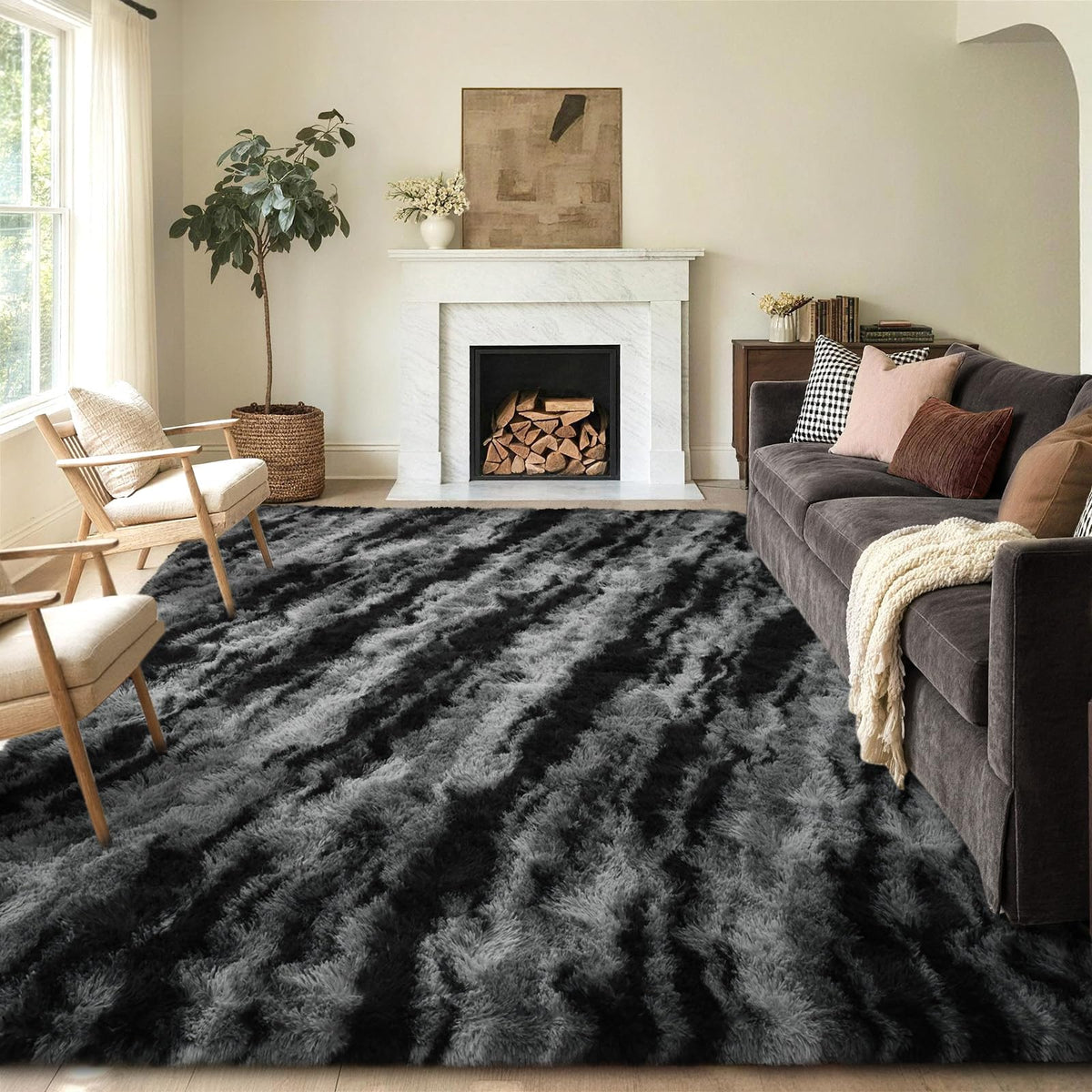 5x8 Area Rugs For Living Room Fluffy Black Rug For Bedroom (Black)