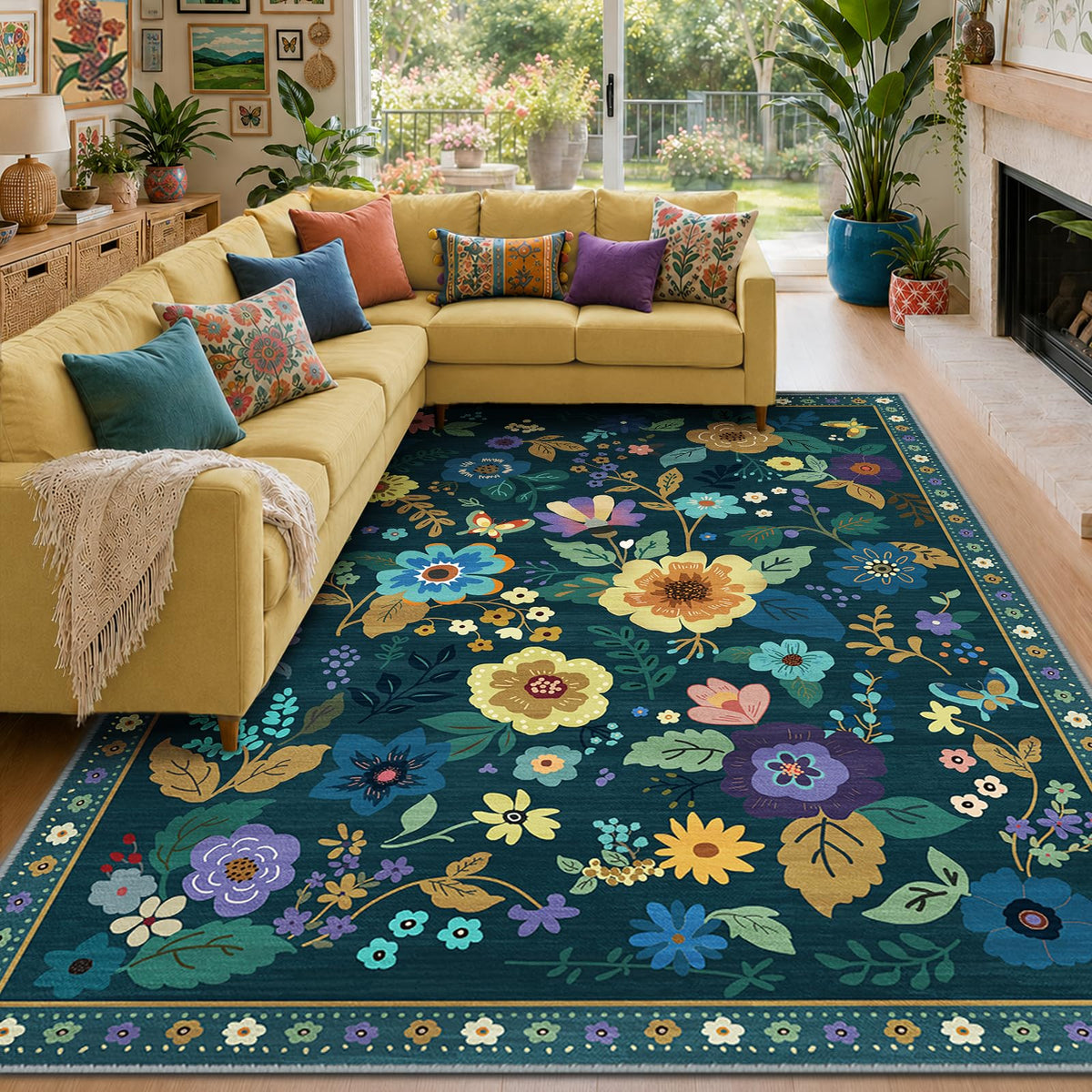 RELEANY Floral Washable 5x7 Area Rugs Black