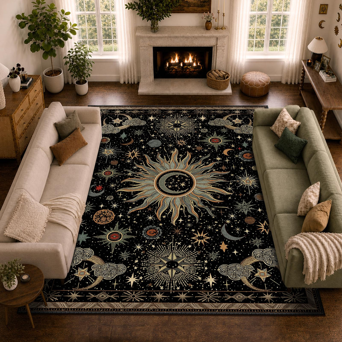 Vacuum-Friendly, 5x7 Washable Area Rug, Black Gold Beige Red
