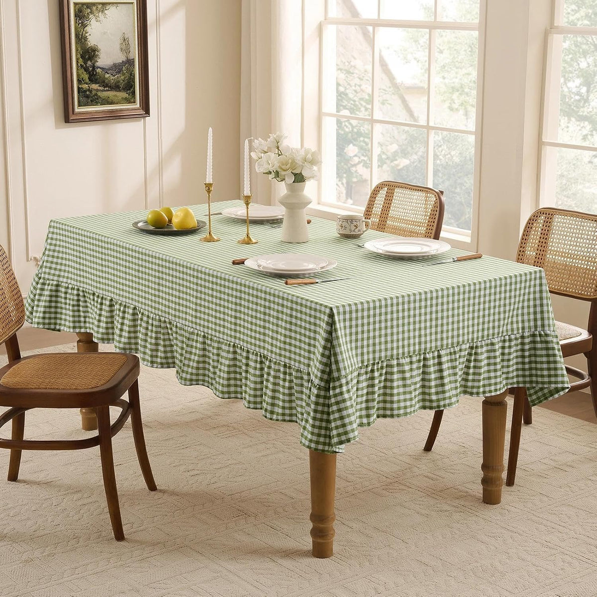 Romanstile Gingham Ruffled Tablecloth Rectangle, 60 x 84 Inch, Sage Green