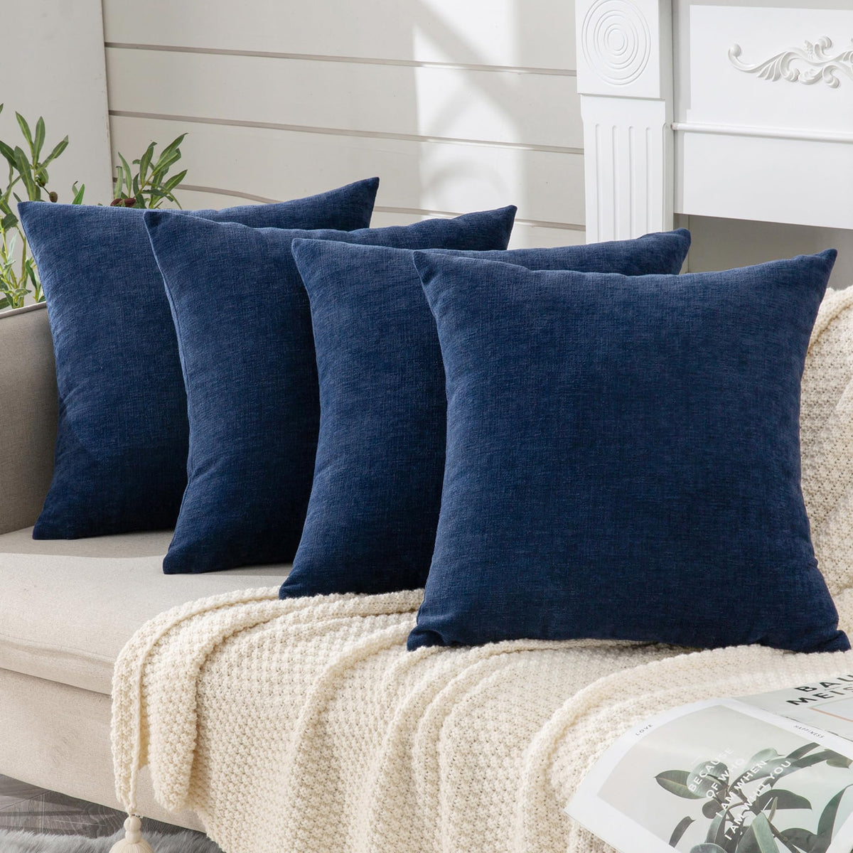 GAWAMAY Decorative Throw Pillow Covers 16x16 Inch Set of 2, Super Soft Chenille Square Pillows Farmhouse Fall Pillowcase for Living Room Bedroom Sofa Couch Cushion Cover Navy Blue 40x40cm