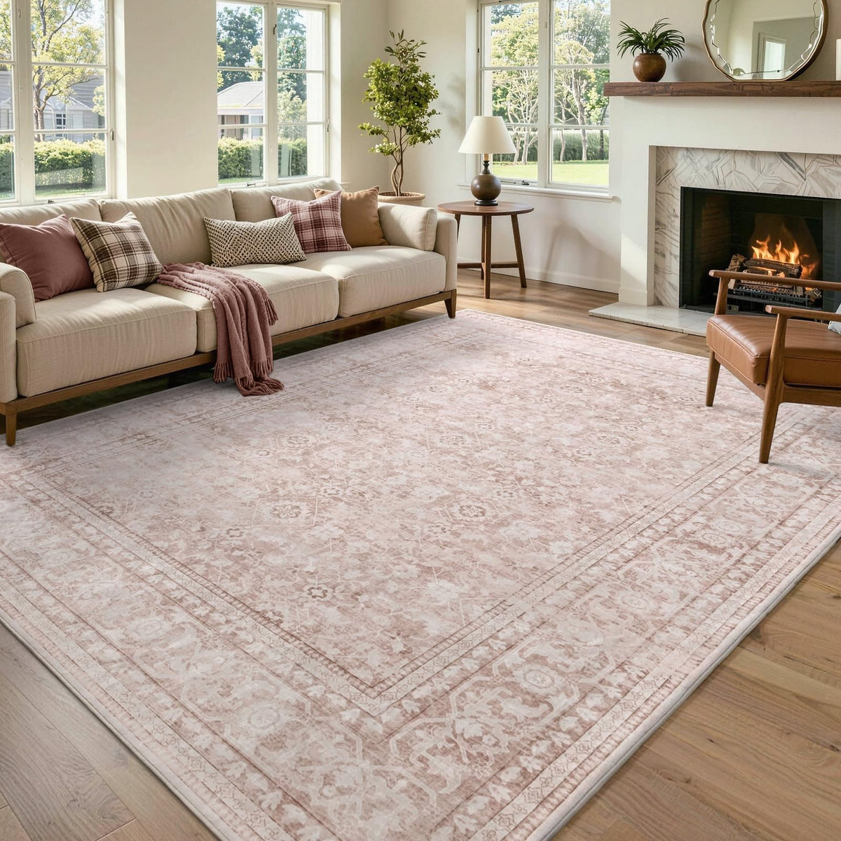 6x9 Ft Large Area Rugs for Living Room, Soft Non-Slip Machine Washable Rug, Vintage Stain Resistant Carpets for Bedroom Nursery Dining Room Home Decor (Beige)