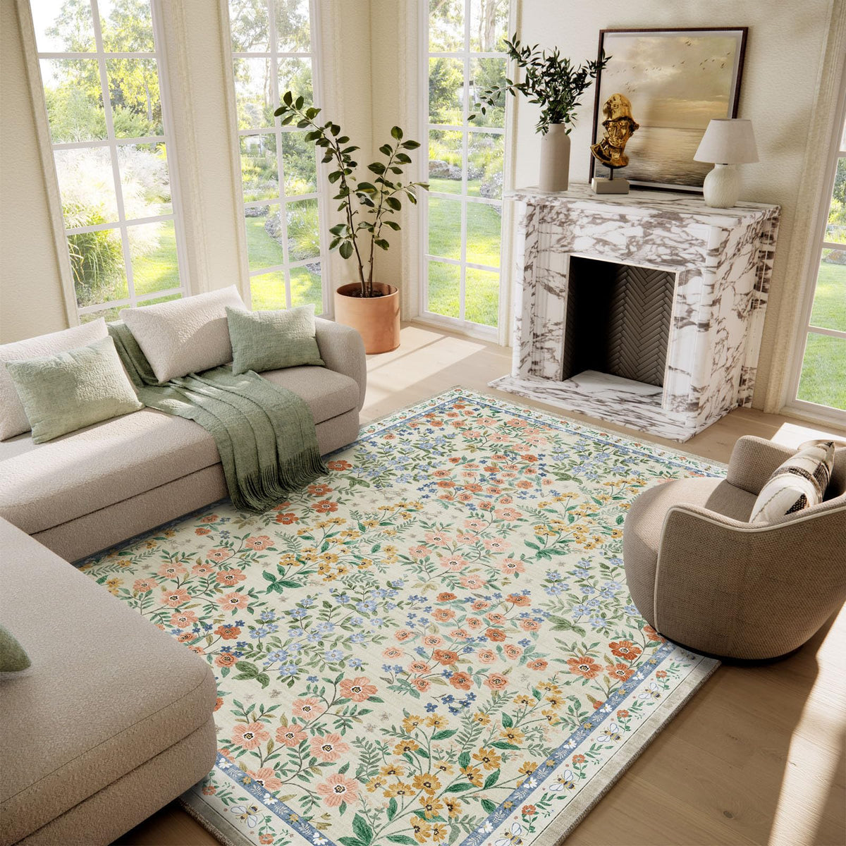 Washable Area Rugs for Living Room: 9x12 Area Rug for Bedroom Vintage Stain Resistant Non Slip Low Pile Lightweight Soft Carpet for Kitchen Dining Room Farmhouse Kids Room Nursery