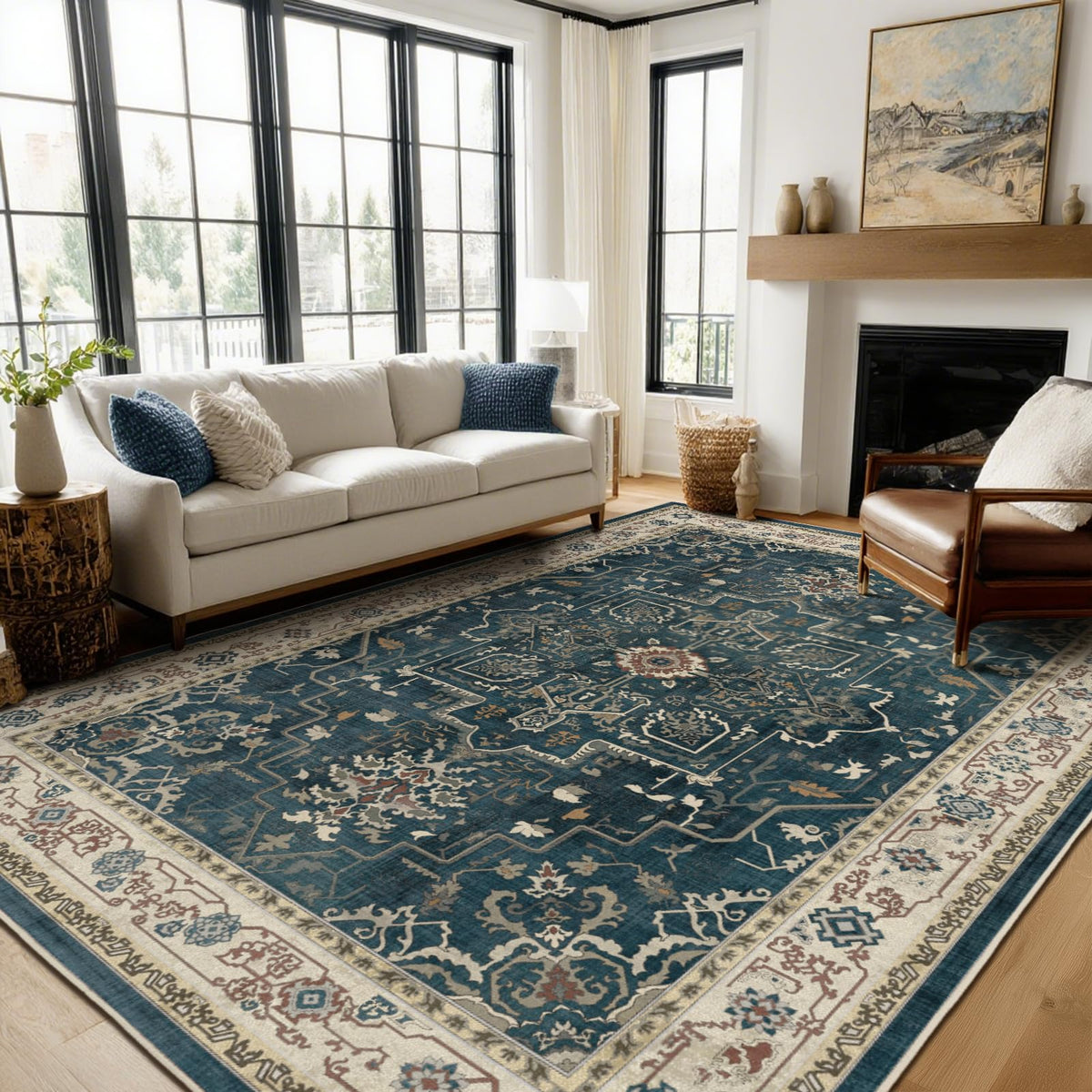Vintage Dark Green Area Rugs 5x7 for Living Room, Tranditional Distressed Medallion Printed Low Pile Thin Rugs for Bedroom, Non Slip Washable Carpet Rugs for Dining Room/Kitchen/Home Office