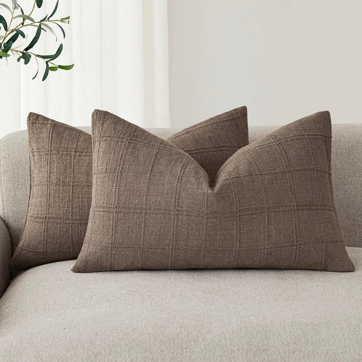 Foindtower Boho Linen Check Decorative Throw Pillow Cover 20×20 Olive Green