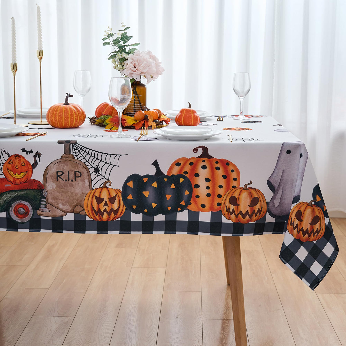 Red Brown Plaid Winter Rectangle Tablecloth - 60 x 120 Inch Oblong Polyester Checkered Gingham Christmas Table Cover Reusable Water Resistant for Fall/Autumn Thanksgiving Holiday Kitchen Dining